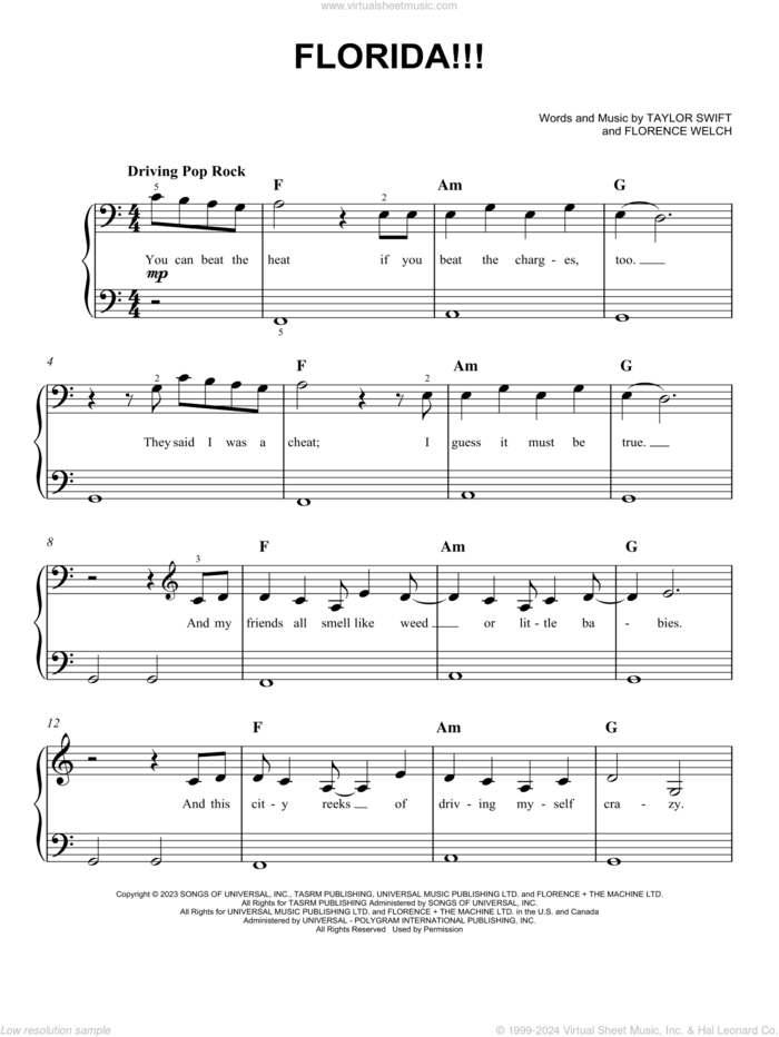 Florida!!! (feat. Florence + The Machine) sheet music for piano solo by Taylor Swift and Florence Welch, easy skill level