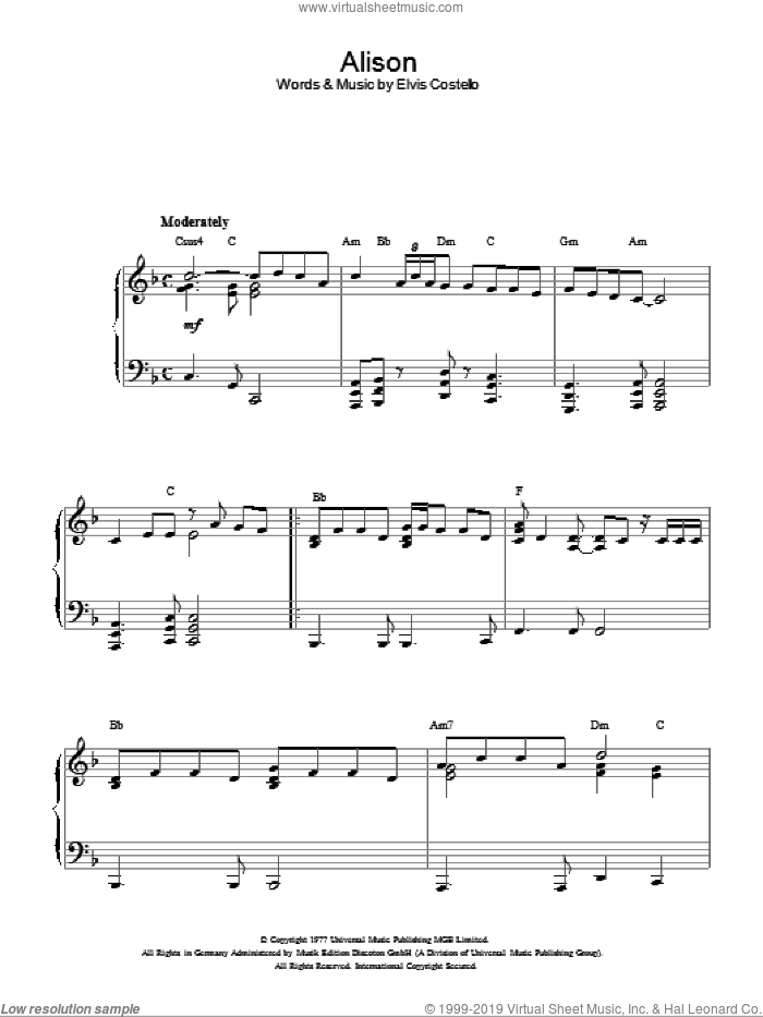 Alison, (intermediate) sheet music for piano solo by Elvis Costello, intermediate skill level