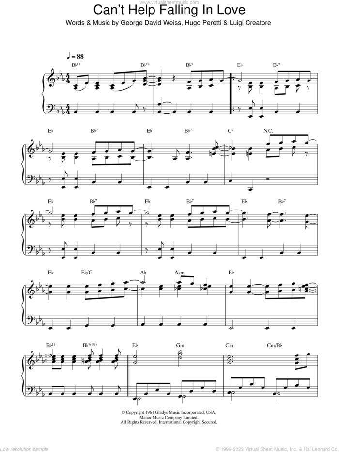 Can't Help Falling In Love sheet music for piano solo by Elvis Presley, George David Weiss, Hugo Peretti and Luigi Creatore, wedding score, intermediate skill level