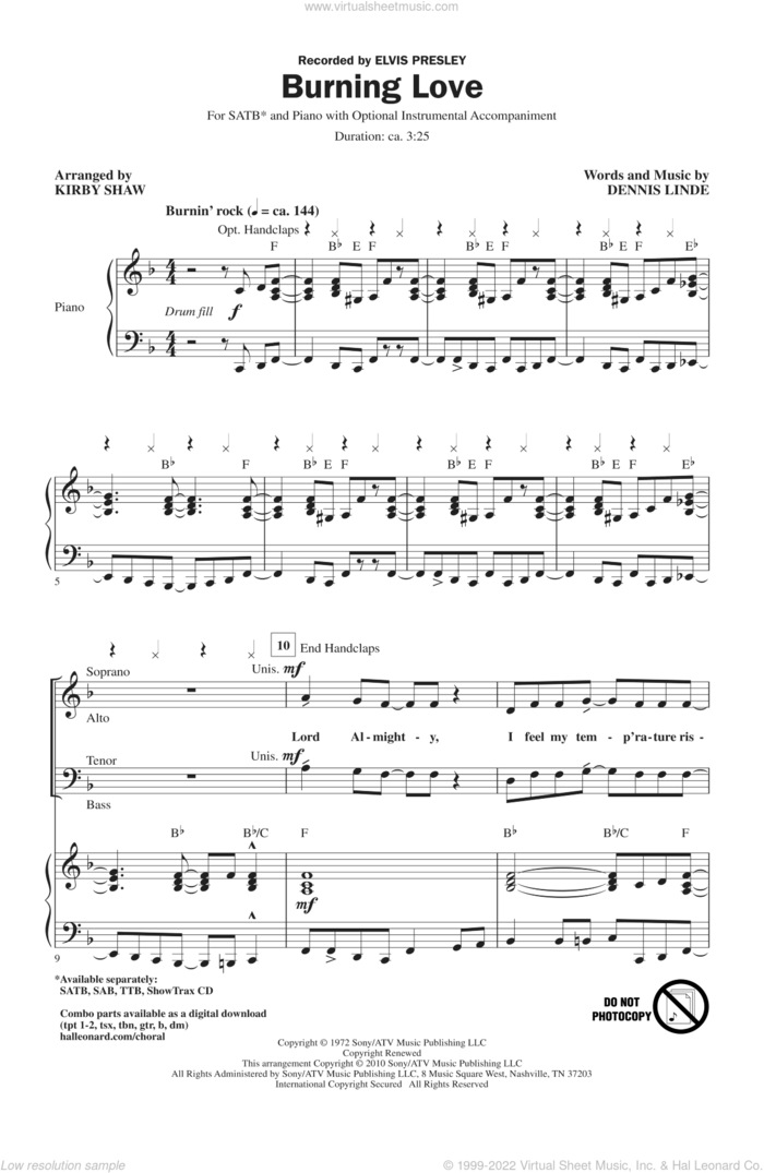 Burning Love (arr. Kirby Shaw) sheet music for choir (SATB: soprano, alto, tenor, bass) by Kirby Shaw, Dennis Linde and Elvis Presley, intermediate skill level