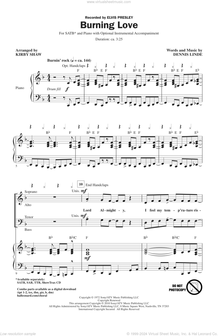 Burning Love (arr. Kirby Shaw) sheet music for choir (SATB: soprano, alto, tenor, bass) by Kirby Shaw, Dennis Linde and Elvis Presley, intermediate skill level