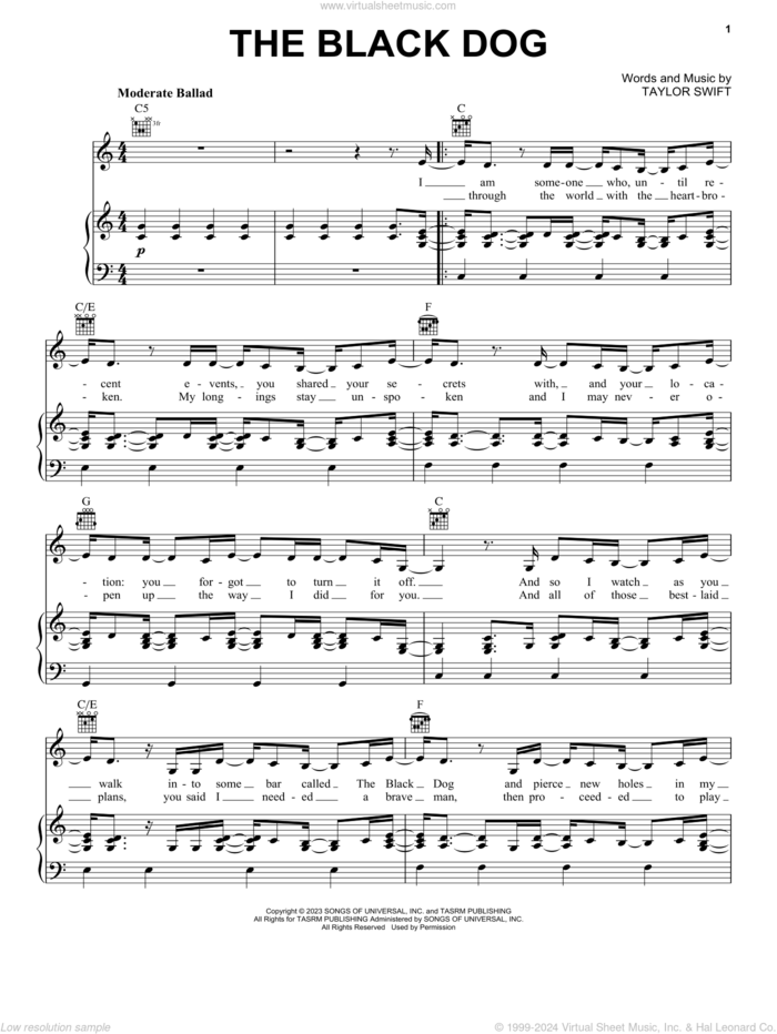 The Black Dog sheet music for voice, piano or guitar by Taylor Swift, intermediate skill level