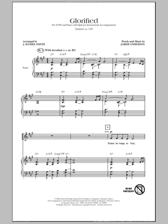 Glorified sheet music for choir (SATB: soprano, alto, tenor, bass) by Jared Anderson and J. Daniel Smith, intermediate skill level