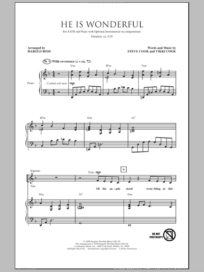 He Is Wonderful sheet music for choir (SATB: soprano, alto, tenor, bass) by Vikki Cook, Steve Cook and Harold Ross, intermediate skill level