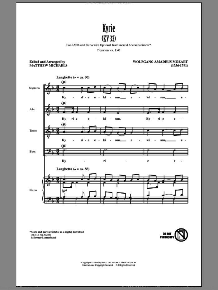 Kyrie (KV33) sheet music for choir (SATB: soprano, alto, tenor, bass) by Wolfgang Amadeus Mozart and Matthew Michaels, classical score, intermediate skill level