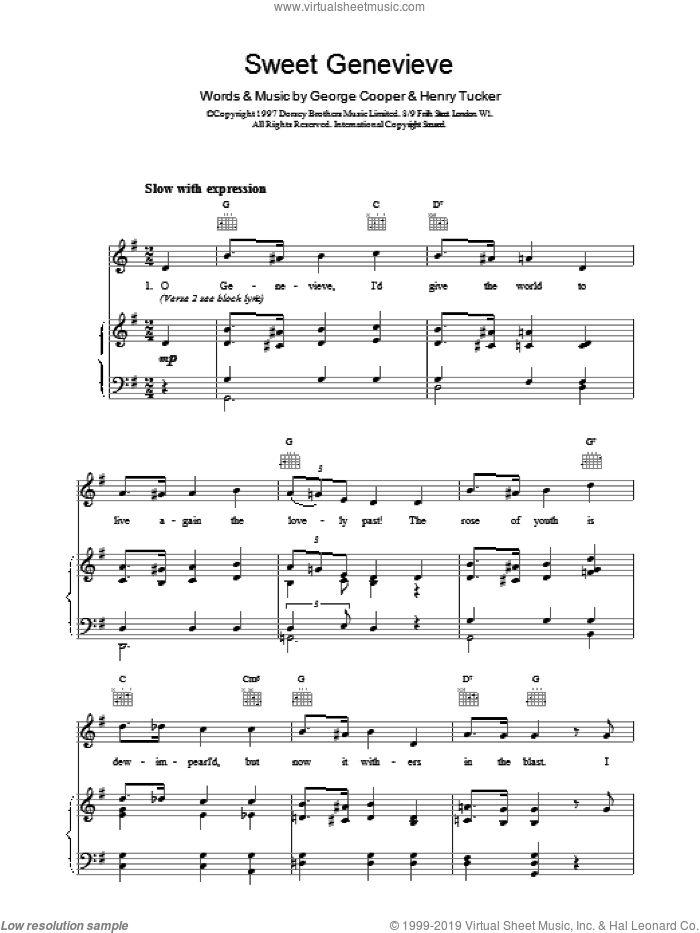 Sweet Genevieve sheet music for voice, piano or guitar by George Cooper and Henry Tucker, intermediate skill level