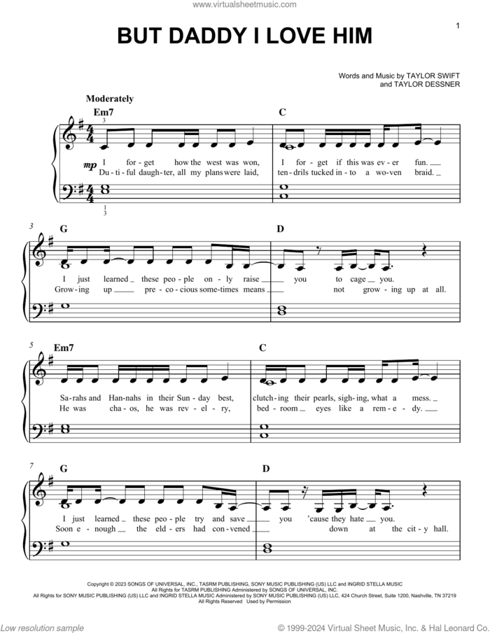 But Daddy I Love Him sheet music for piano solo by Taylor Swift and Aaron Dessner, easy skill level