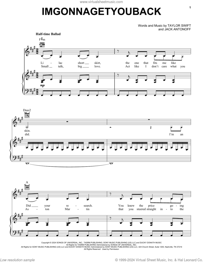 imgonnagetyouback sheet music for voice, piano or guitar by Taylor Swift and Jack Antonoff, intermediate skill level