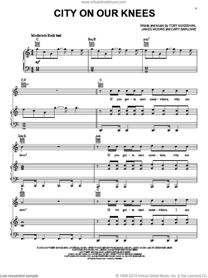 City On Our Knees sheet music for voice, piano or guitar by tobyMac, Cary Barlowe, James Moore and Toby McKeehan, intermediate skill level