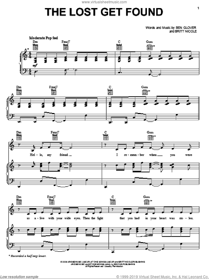 The Lost Get Found sheet music for voice, piano or guitar by Britt Nicole and Ben Glover, intermediate skill level