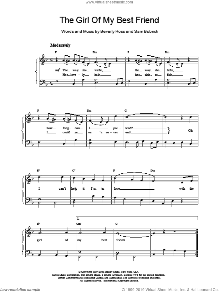 The Girl Of My Best Friend sheet music for piano solo by Elvis Presley and Beverly Ross and Sam Bobrick, easy skill level