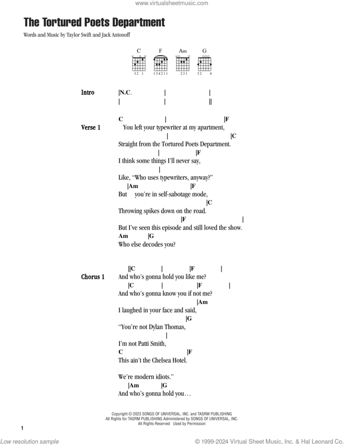 The Tortured Poets Department sheet music for guitar (chords) by Taylor Swift and Jack Antonoff, intermediate skill level