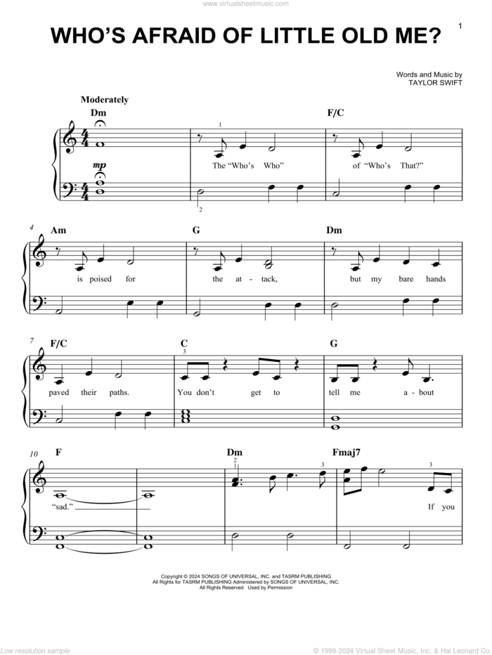 Who's Afraid of Little Old Me? sheet music for piano solo by Taylor Swift, easy skill level