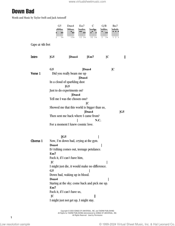 Down Bad sheet music for guitar (chords) by Taylor Swift and Jack Antonoff, intermediate skill level