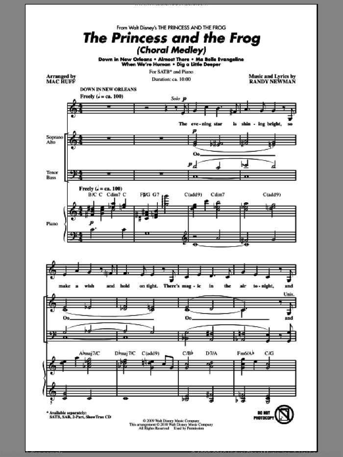 The Princess And The Frog (Choral Medley) sheet music for choir (SATB: soprano, alto, tenor, bass) by Randy Newman and Mac Huff, intermediate skill level