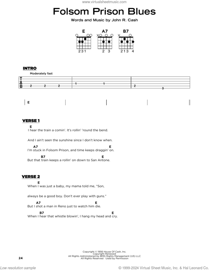 Folsom Prison Blues, (beginner) sheet music for guitar solo by Johnny Cash, beginner skill level