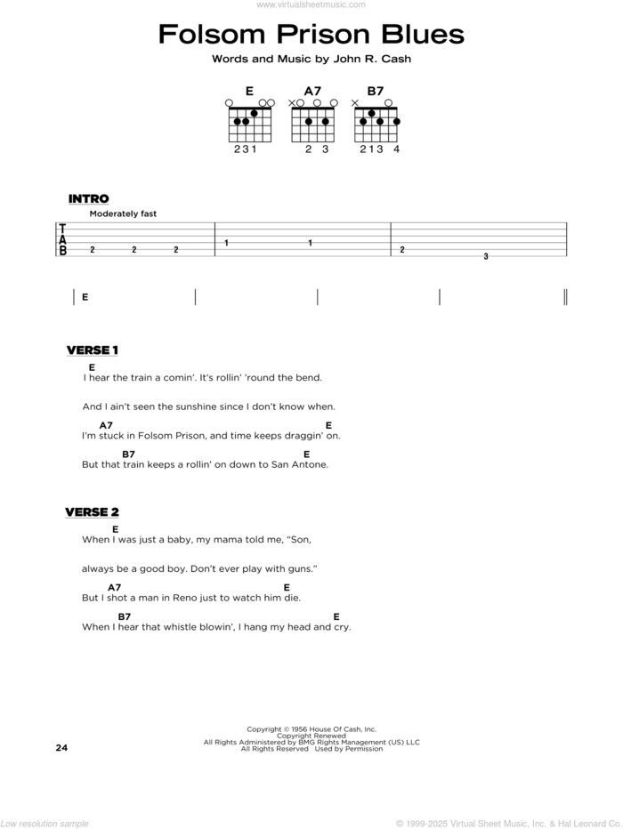 Folsom Prison Blues, (beginner) sheet music for guitar solo by Johnny Cash, beginner skill level