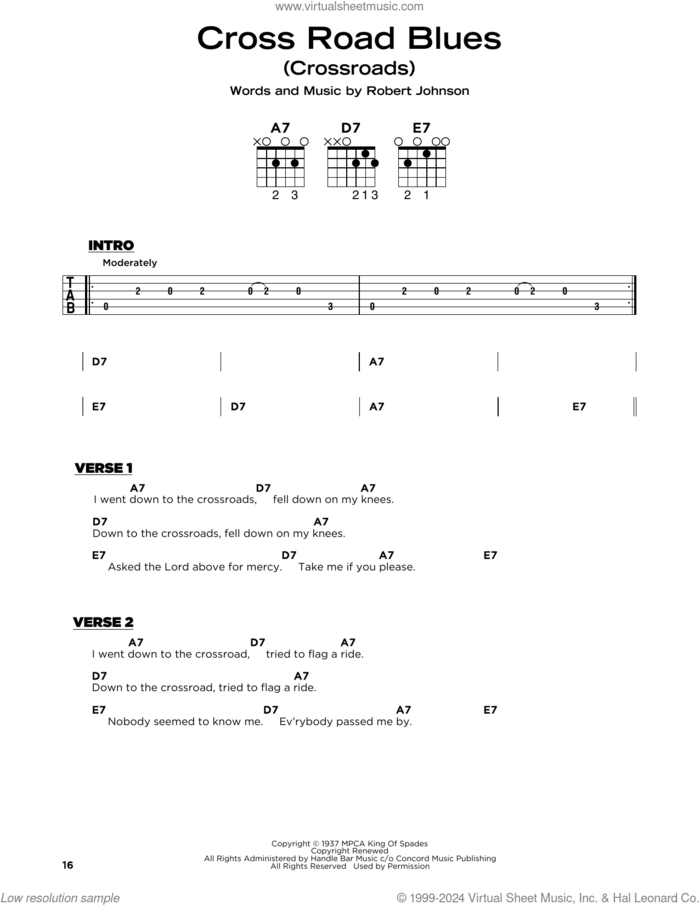 Cross Road Blues (Crossroads) sheet music for guitar solo by Cream, Eric Clapton and Robert Johnson, beginner skill level