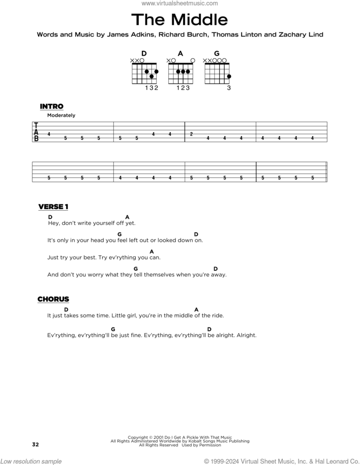 The Middle sheet music for guitar solo by Jimmy Eat World, James Adkins, Richard Burch, Thomas Linton and Zachary Lind, beginner skill level