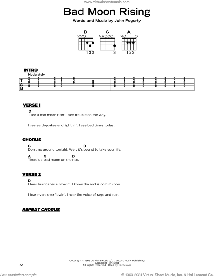 Bad Moon Rising sheet music for guitar solo by Creedence Clearwater Revival and John Fogerty, beginner skill level