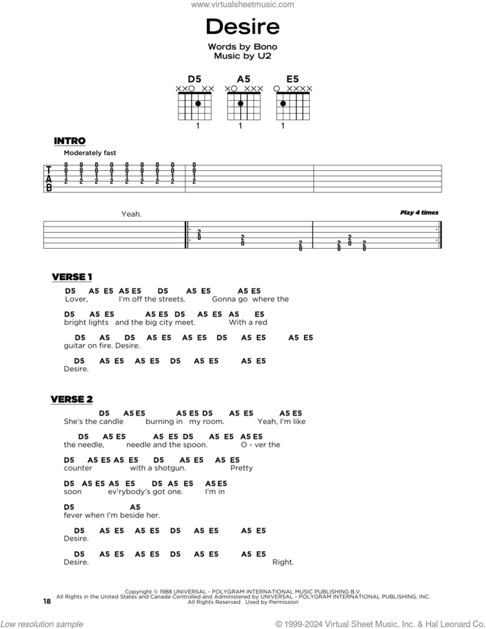 Desire sheet music for guitar solo by U2 and Bono, beginner skill level