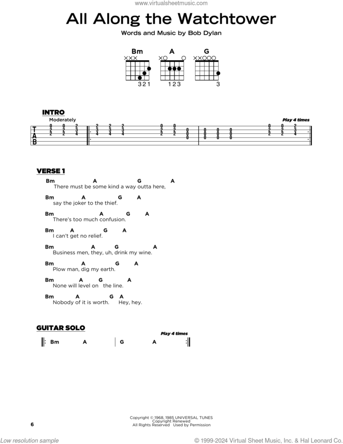 All Along The Watchtower sheet music for guitar solo by Jimi Hendrix, U2 and Bob Dylan, beginner skill level