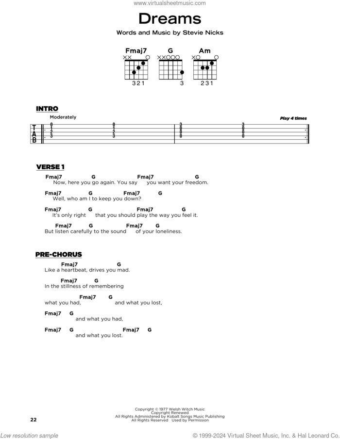 Dreams sheet music for guitar solo by Fleetwood Mac and Stevie Nicks, beginner skill level