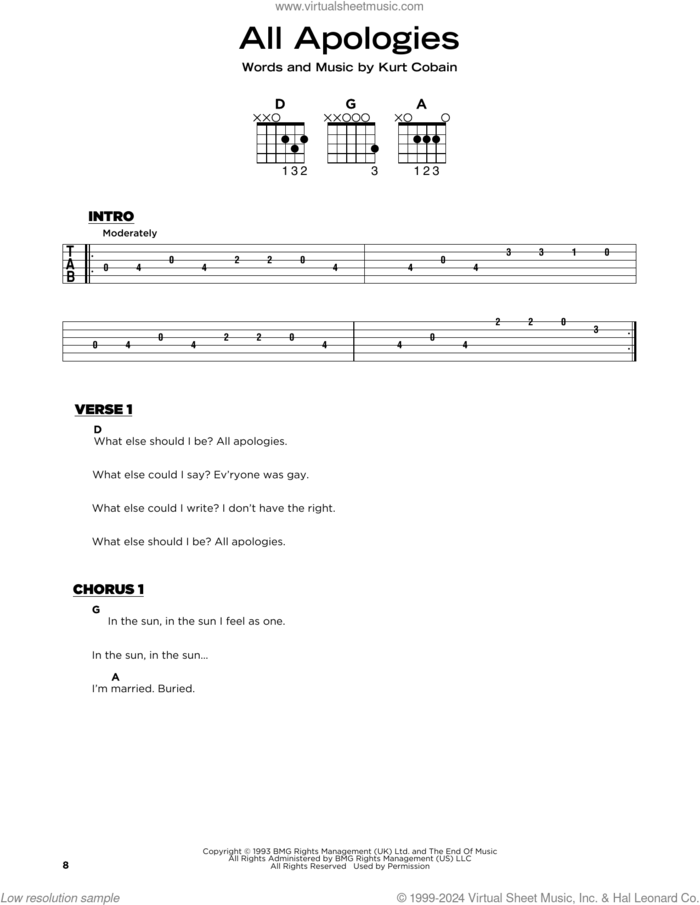 All Apologies sheet music for guitar solo by Nirvana and Kurt Cobain, beginner skill level