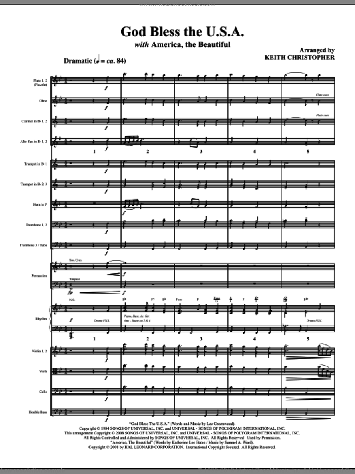 God Bless The U.S.A (with America, The Beautiful) (COMPLETE) sheet music for orchestra/band (Orchestra) by Keith Christopher, intermediate skill level