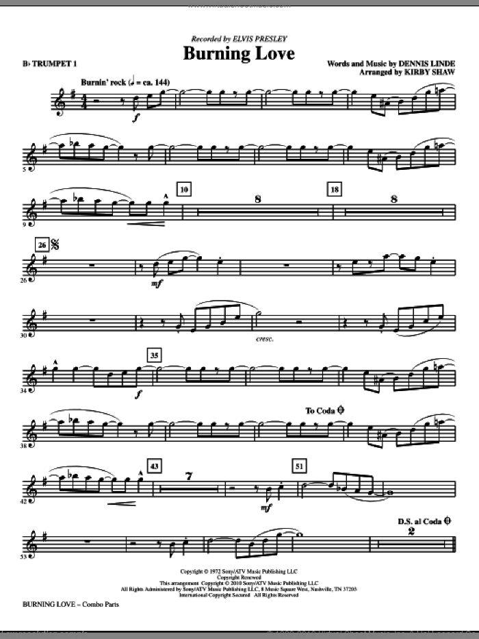 Burning Love (arr. Kirby Shaw) (complete set of parts) sheet music for orchestra/band by Elvis Presley, Dennis Linde and Kirby Shaw, intermediate skill level