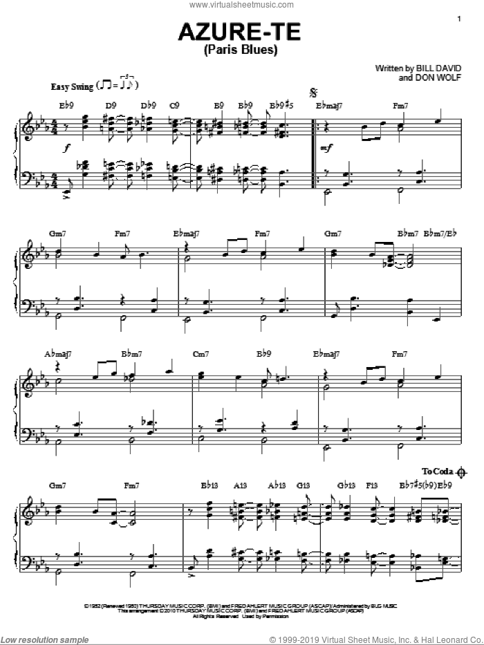 Azure-Te (Paris Blues) (arr. Brent Edstrom) sheet music for piano solo by George Shearing, Bill Davis and Don Wolf, intermediate skill level