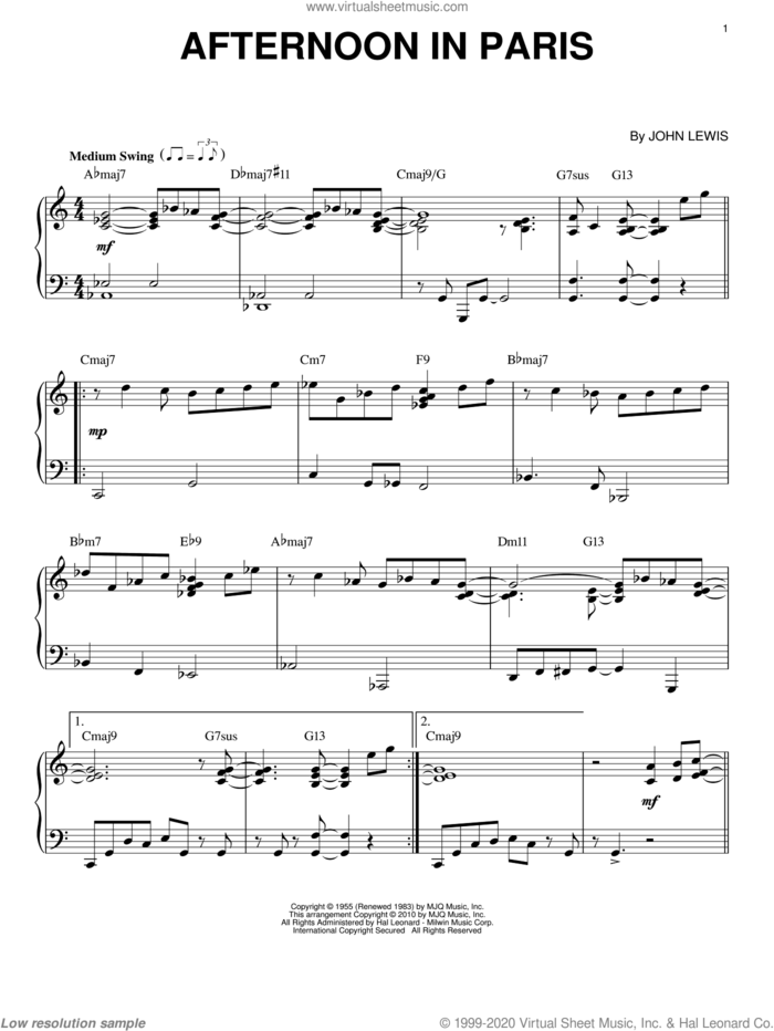 Afternoon In Paris (arr. Brent Edstrom) sheet music for piano solo by John Lewis, intermediate skill level