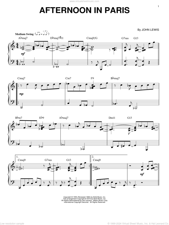 Afternoon In Paris (arr. Brent Edstrom) sheet music for piano solo by John Lewis, intermediate skill level