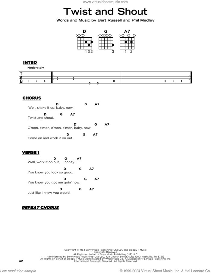 Twist And Shout sheet music for guitar solo by The Beatles, The Isley Brothers, Bert Russell and Phil Medley, beginner skill level