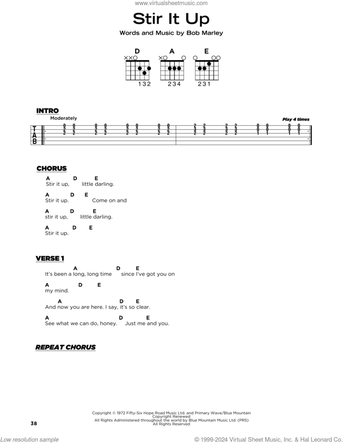 Stir It Up sheet music for guitar solo by Bob Marley, beginner skill level