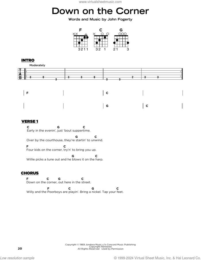 Down On The Corner sheet music for guitar solo by Creedence Clearwater Revival and John Fogerty, beginner skill level