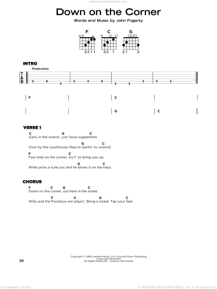 Down On The Corner sheet music for guitar solo by Creedence Clearwater Revival and John Fogerty, beginner skill level