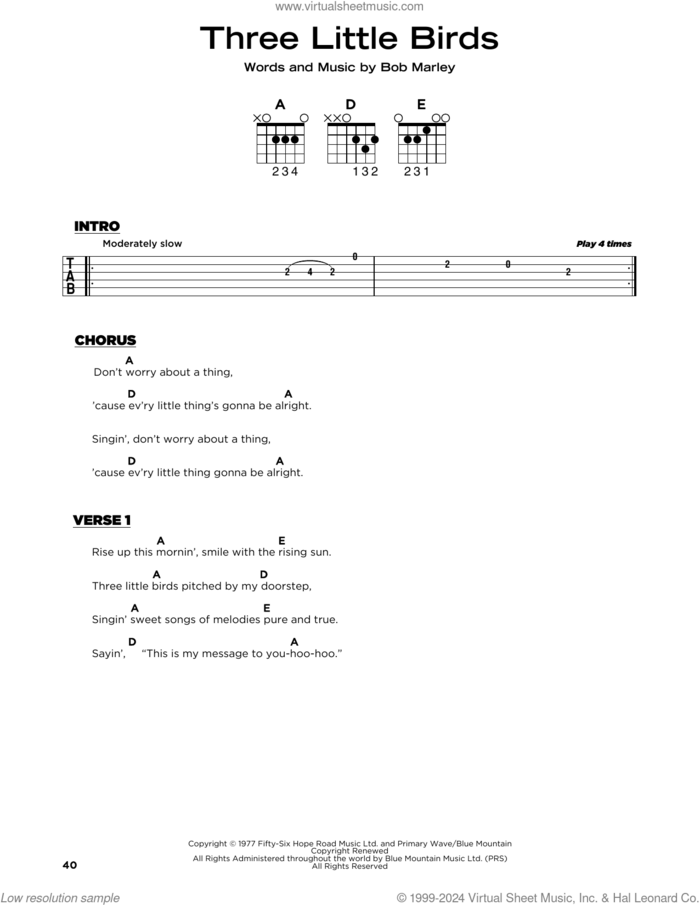 Three Little Birds, (beginner) sheet music for guitar solo by Bob Marley, beginner skill level