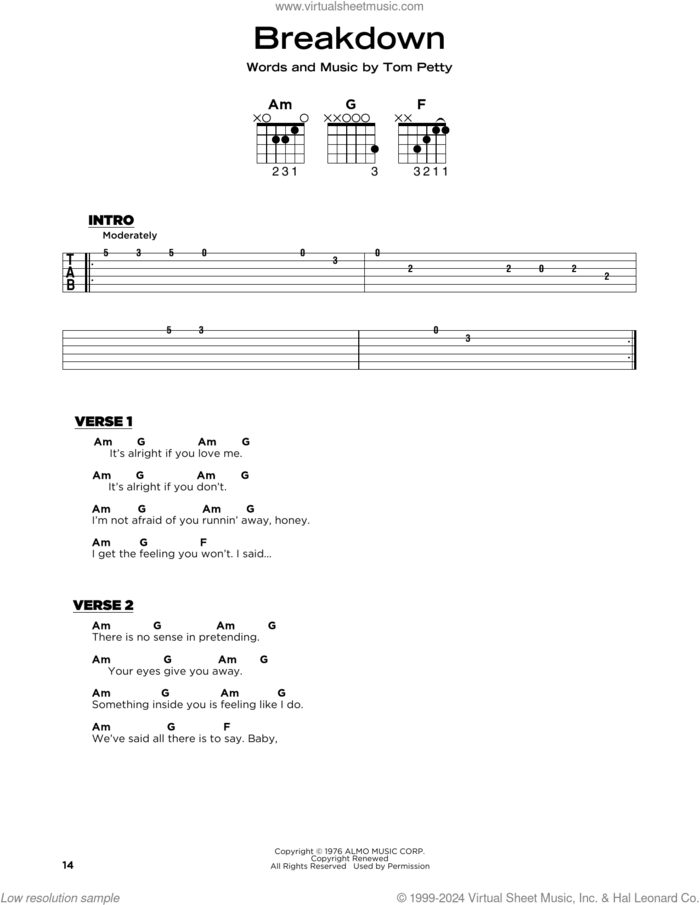 Breakdown sheet music for guitar solo by Tom Petty And The Heartbreakers and Tom Petty, beginner skill level