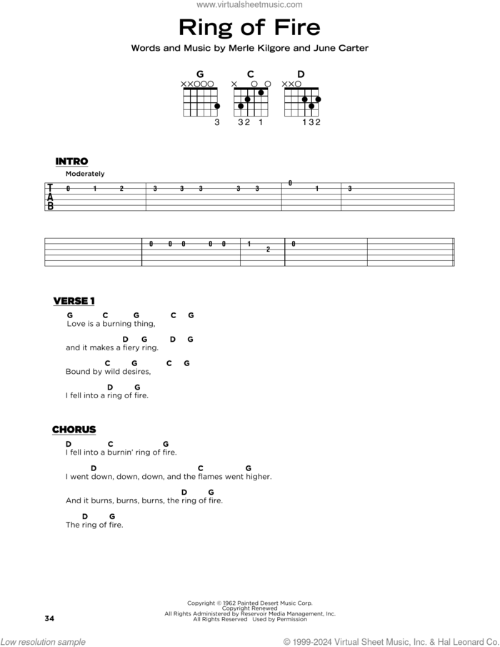 Ring Of Fire, (beginner) sheet music for guitar solo by Johnny Cash, June Carter and Merle Kilgore, beginner skill level