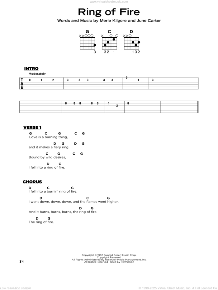 Ring Of Fire, (beginner) sheet music for guitar solo by Johnny Cash, June Carter and Merle Kilgore, beginner skill level