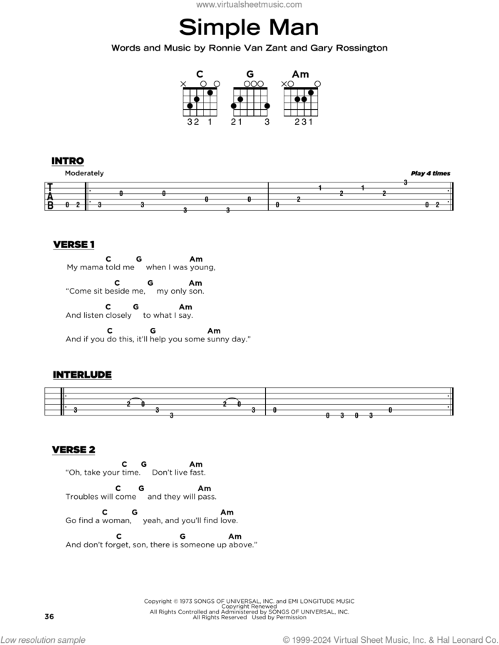 Simple Man sheet music for guitar solo by Lynyrd Skynyrd, Gary Rossington and Ronnie Van Zant, beginner skill level