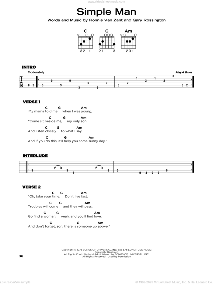 Simple Man sheet music for guitar solo by Lynyrd Skynyrd, Gary Rossington and Ronnie Van Zant, beginner skill level