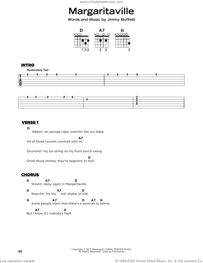 Margaritaville sheet music for guitar solo by Jimmy Buffett, beginner skill level