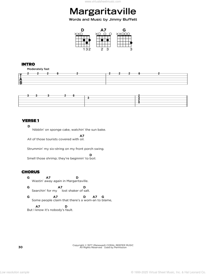 Margaritaville sheet music for guitar solo by Jimmy Buffett, beginner skill level