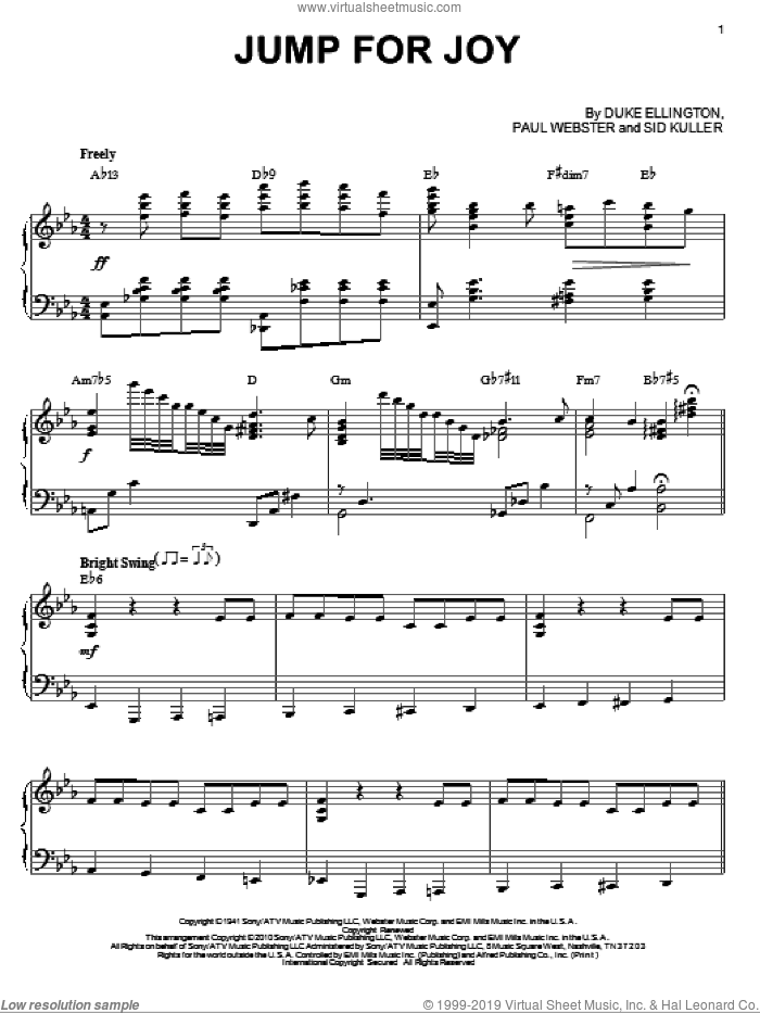 Jump For Joy (arr. Brent Edstrom) sheet music for piano solo by Duke Ellington, Paul Francis Webster and Sid Kuller, intermediate skill level
