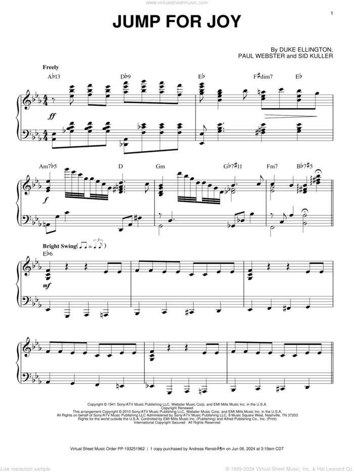 Jump For Joy (arr. Brent Edstrom) sheet music for piano solo by Duke Ellington, Paul Francis Webster and Sid Kuller, intermediate skill level