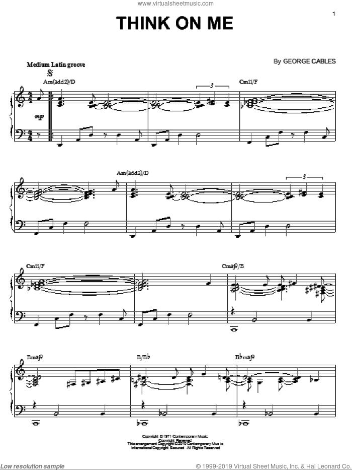 Think On Me (arr. Brent Edstrom) sheet music for piano solo by George Cables, intermediate skill level