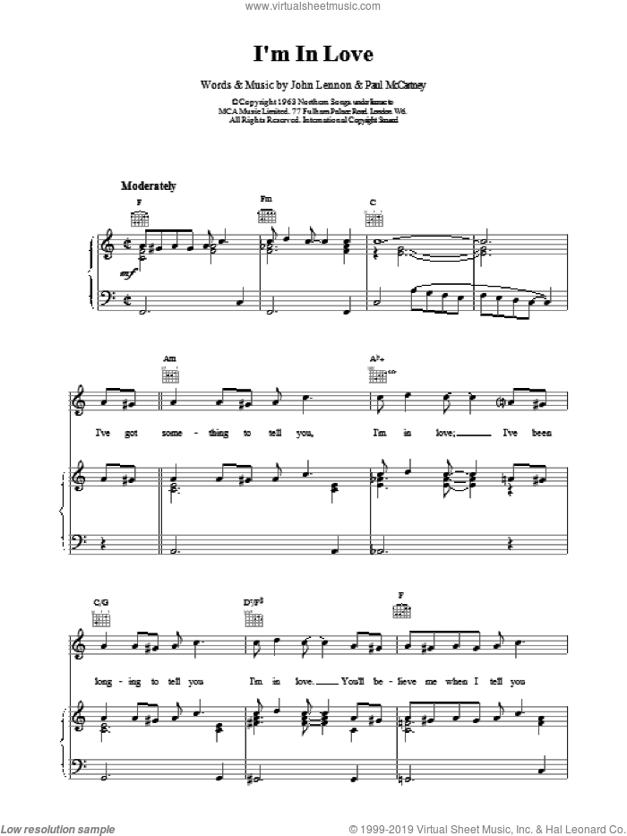 I'm In Love sheet music for voice, piano or guitar by The Beatles, John Lennon and Paul McCartney, intermediate skill level