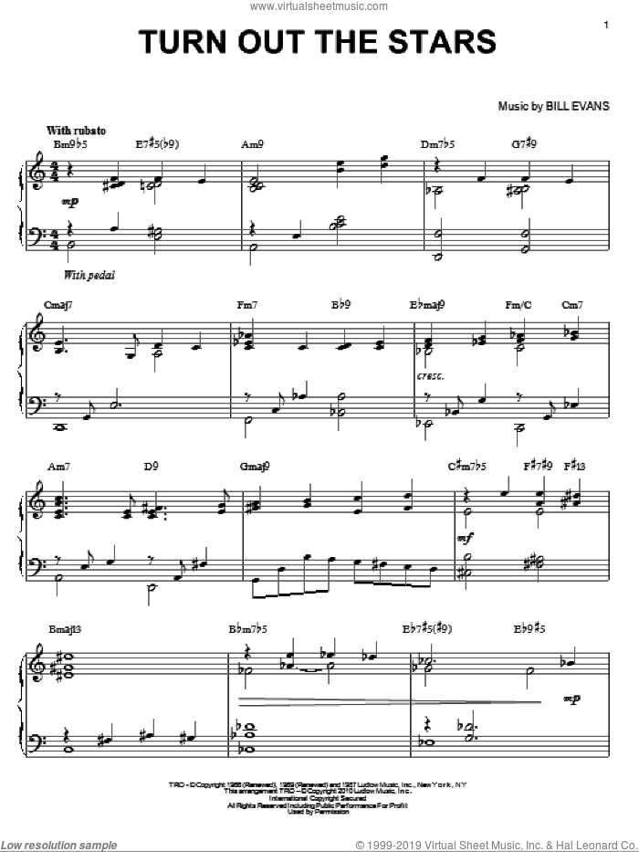 Turn Out The Stars (arr. Brent Edstrom) sheet music for piano solo by Bill Evans, intermediate skill level
